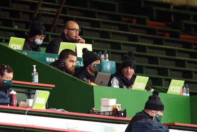 Tom Harrison, front left, worked with England head coach Steve Borthwick, back right, at Leicester