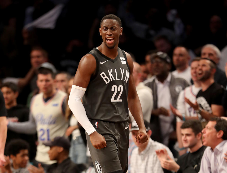 NEW YORK, NEW YORK - APRIL 20:  Caris LeVert #22 of the Brooklyn Nets reacts in the first half against the Philadelphia 76ers at Barclays Center on April 20, 2019 in the Brooklyn borough of New York City. NOTE TO USER: User expressly acknowledges and agrees that, by downloading and or using this photograph, User is consenting to the terms and conditions of the Getty Images License Agreement. (Photo by Elsa/Getty Images)