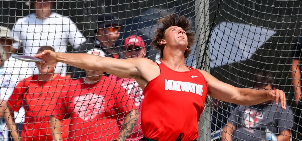Norwayne standout Dillon Morlock fires the discus in the finals on day two of the Div. II State Meet.