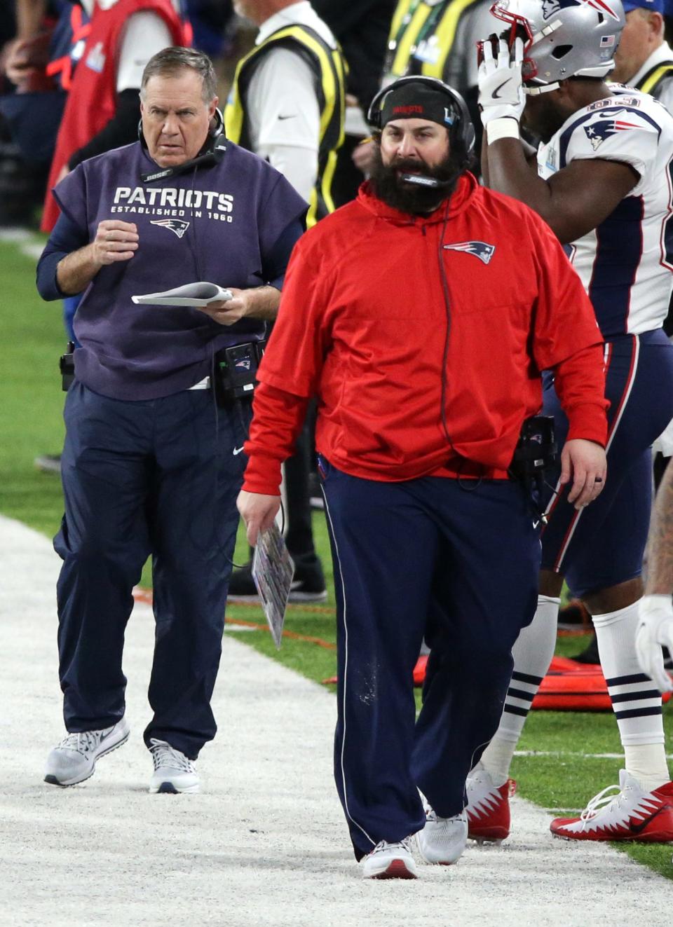 Matt Patricia (right) and Bill Belichick during the third quarter of the Patriots' 41-33 loss to the Eagles in Super Bowl LII at U.S. Bank Stadium on Sunday, Feb. 4, 2018.