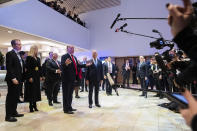 US President Donald Trump gestures as he addresses the media at the World Economic Forum in Davos, Switzerland, Tuesday, Jan. 21, 2020. The 50th annual meeting of the forum will take place in Davos from Jan. 21 until Jan. 24, 2020. (Gian Ehrenzeller/Keystone via AP)