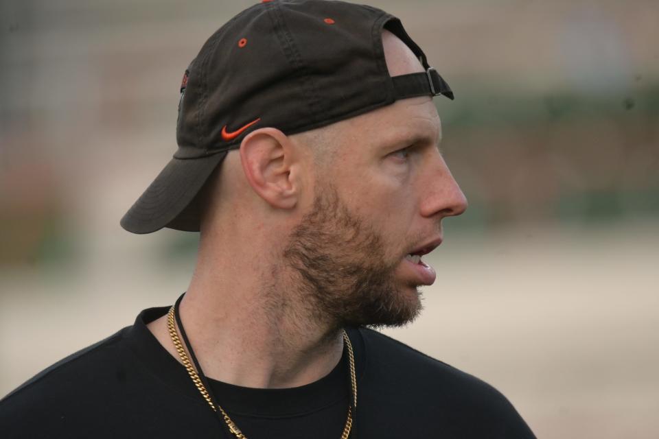 Florida A&M offensive coordinator Joseph Henry looks on during the Rattlers' first day of spring football practice in pads on Ken Riley Field at Bragg Memorial Stadium in Tallahassee, Florida, Friday, March 8, 2024.