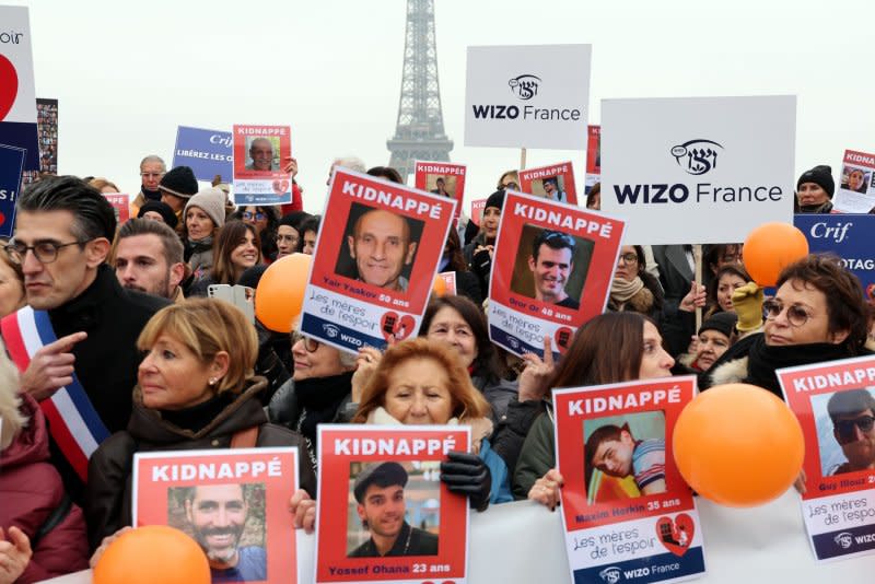 As Israel resumed its war against Hamas in Gaza, French residents rallied in Paris at the Eiffel Tower, urging the immediate release of hostages still held in Gaza by Hamas. Photo by Maya Vidon-White/UPI ..