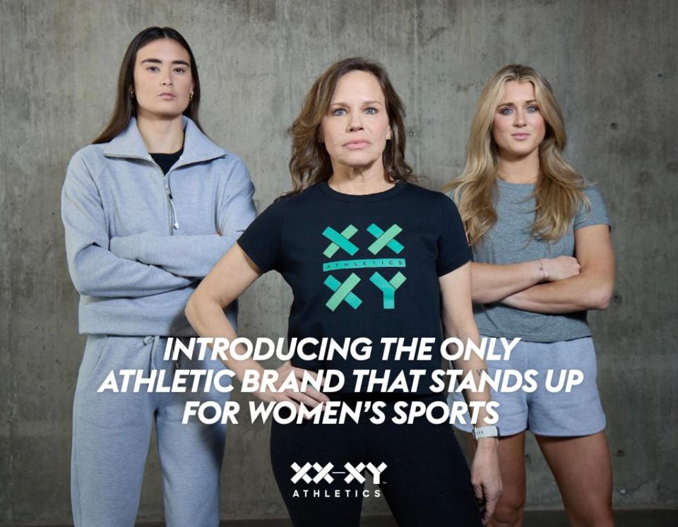 Jennifer Sey (center) tapped Paula Scanlan (left) and Riley Gaines (right) as brand ambassadors for XX-XY Athletics. The former collegiate swimmers became activists after having to swim with and against trans woman Lia Thomas. Courtesy of XX-XY