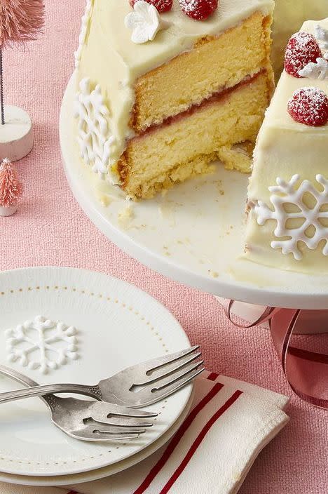 <p>What's a Christmas dinner without a decadent dessert to finish off the meal? This stunning vanilla cake is layered with raspberry jam for a fruity filling.<br></p><p><em><a href="https://www.womansday.com/food-recipes/food-drinks/a25348945/double-white-chocolate-cake-recipe/" rel="nofollow noopener" target="_blank" data-ylk="slk:Get the Double White Chocolate Cake recipe.;elm:context_link;itc:0;sec:content-canvas" class="link "><strong>Get the Double White Chocolate Cake recipe.</strong></a></em></p>