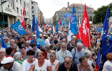 People attend a demonstration against Hungary's Prime Minister Viktor Orban in Budapest, Hungary, September 16, 2018. REUTERS/Bernadett Szabo