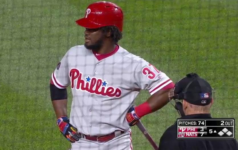 Obudel Herrera questions umpire Jeff Kellogg after being rung up on a Max Scherzer quick pitch during Friday’s game. (MLB.TV)