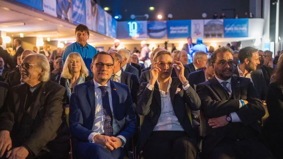 Co-leaders of the AfD Tino Chrupalla, left center, and Alice Weidel, right center, at the party's 10th anniversary celebration on February 6, 2023. - Thomas Lohnes/Getty Images Europe/Getty Images