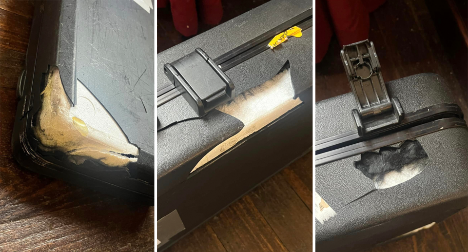 Pictures showing the musician's case broken after the Jetstar flight from Melbourne.