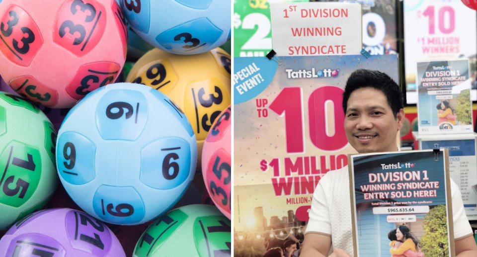 Left, lottery balls. Right, owner Phong Thai smiles in front of his newsagents.