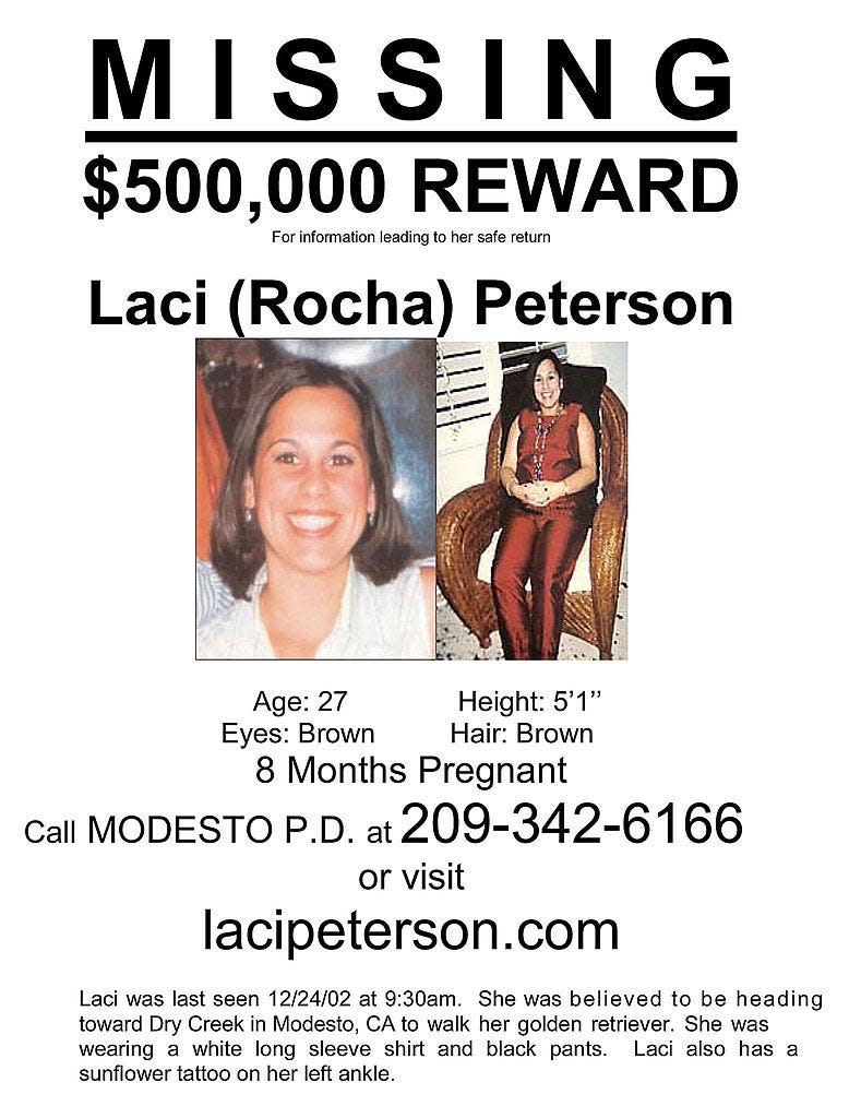 A missing person poster shows Laci Peterson, who had not been seen since December 24, 2002. Modesto police have been called in after a badly decomposed body was found April 14, 2003, on the beach at a park near Point Isabel, California.