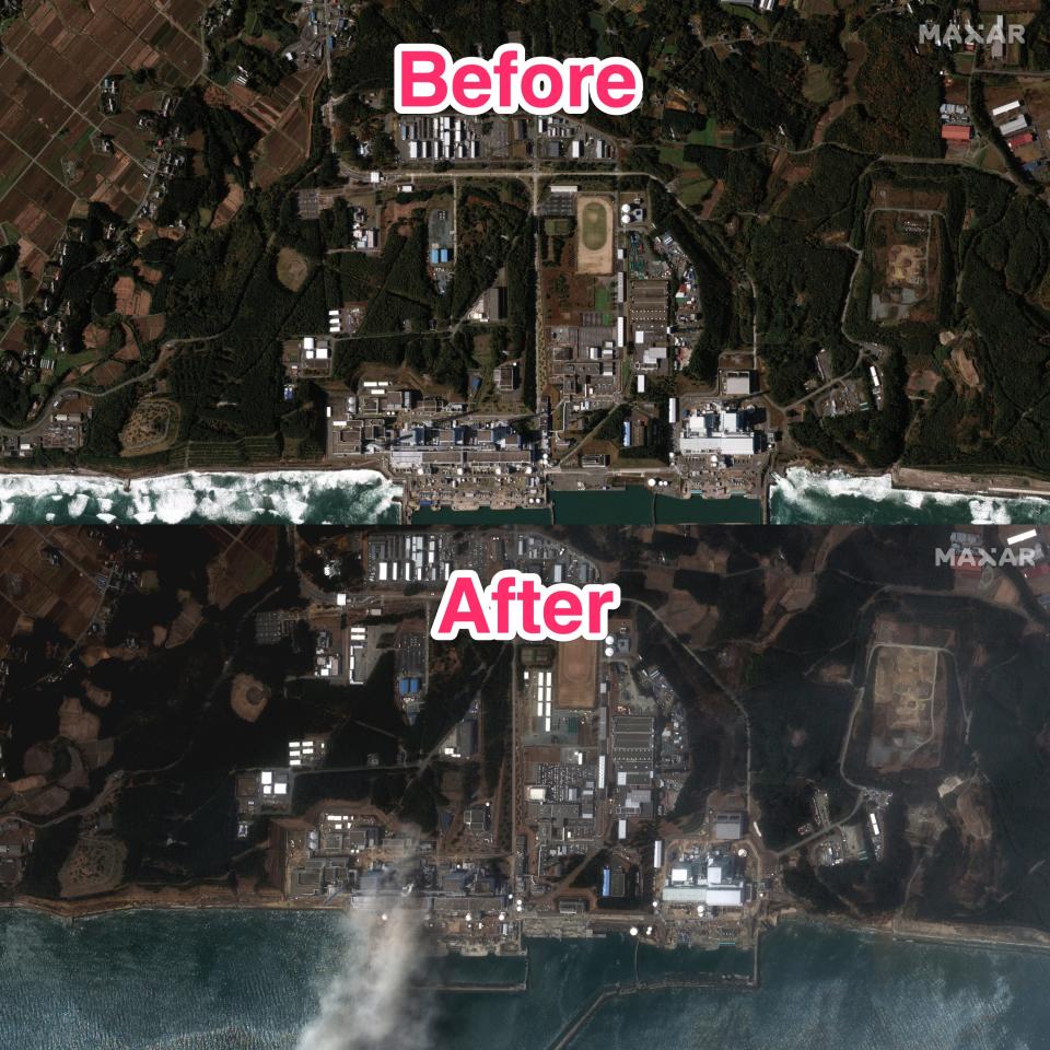 A before and after image of the Fukushima Nuclear Power Plant after the 2011 tsunami