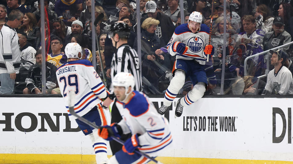 Zach Hyman was the overtime hero as the Oilers knotted up their first-round series with the Kings. (Photo by Harry How/Getty Images)