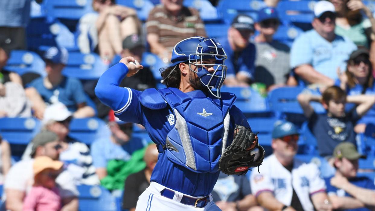 DUNEDIN, FLORIDA - MARCH 19, 2024: Payton Henry #83 of the Toronto Blue Jays throws to second base during the eighth inning of a spring training game against the Baltimore Orioles at TD Ballpark on March 19, 2024 in Dunedin, Florida. (Photo by George Kubas/Diamond Images via Getty Images)