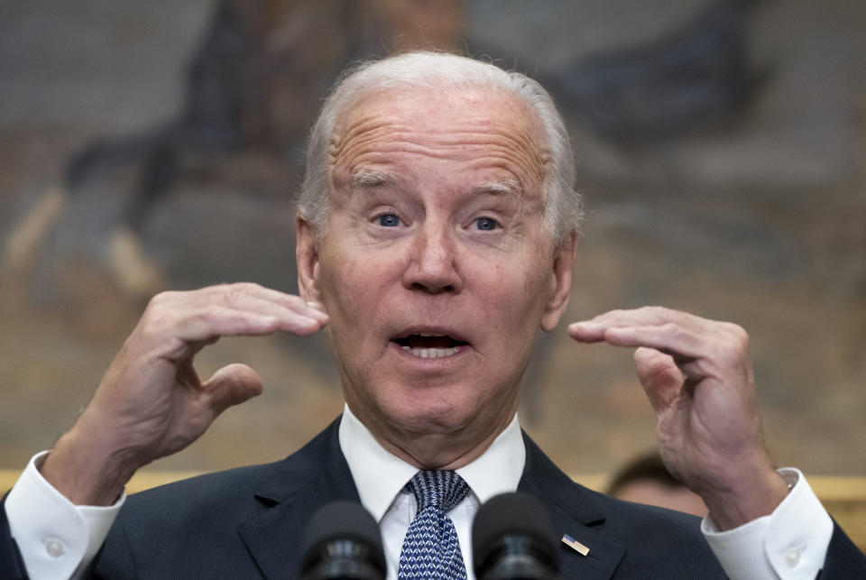 President Joe Biden speaks about deficit reduction in the Roosevelt Room at the White House in Washington, Friday, Oct. 21, 2022. (AP Photo/J. Scott Applewhite)