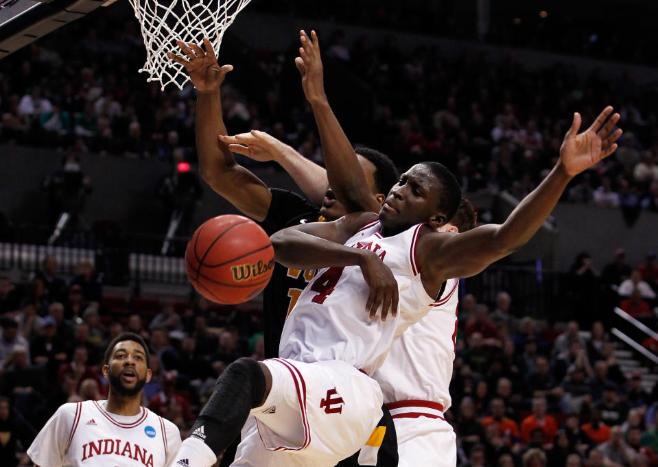 PORTLAND, OR - MARCH 17: Victor Oladipo #4 of the Indiana Hoosiers blocks Rob Brandenberg #11 of the Virginia Commonwealth Rams in the second half during the third round of the 2012 NCAA Men's Basketball Tournament at the Rose Garden Arena on March 17, 2012 in Portland, Oregon. (Photo by Jonathan Ferrey/Getty Images)