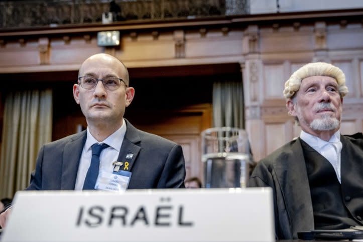 Gilad Noam, Deputy Attorney-General for International Affairs for Israel (L), and lawyer Malcolm Shaw, look on during a ruling by the International Court of Justice in The Hague, The Netherlands, on a request by South Africa for emergency measures for Gaza on Friday. Photo by Remko de Waal/EPA-EFE