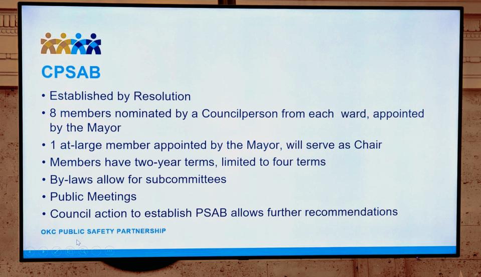 Key points were presented at an Oklahoma City Council meeting about the Community Public Safety Advisory Board, set to replace the current Citizens Advisory Board providing oversight of local police.