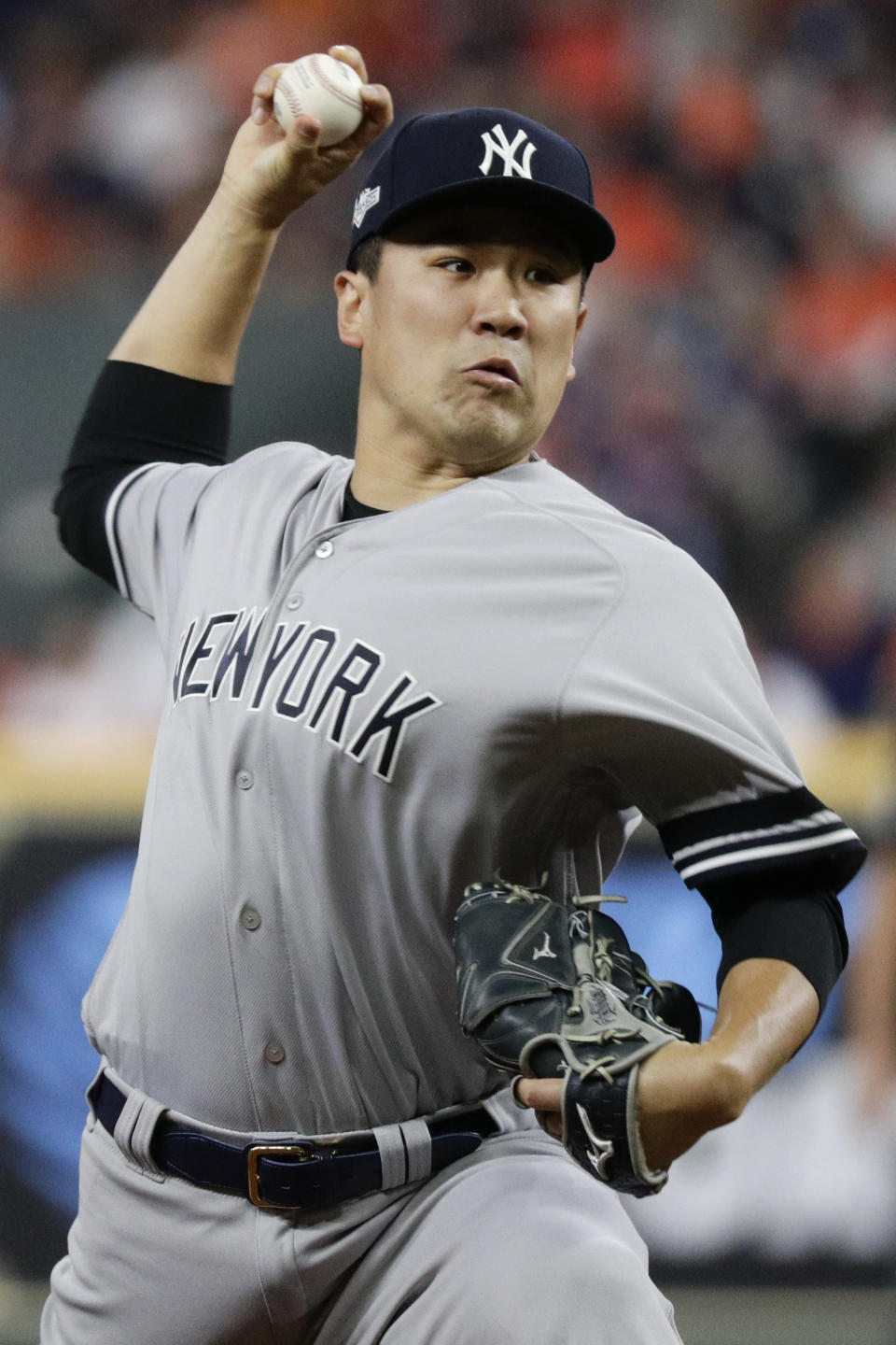 New York Yankees starting pitcher Masahiro Tanaka throws against the Houston Astros during the first inning in Game 1 of baseball's American League Championship Series Saturday, Oct. 12, 2019, in Houston. (AP Photo/Eric Gay)