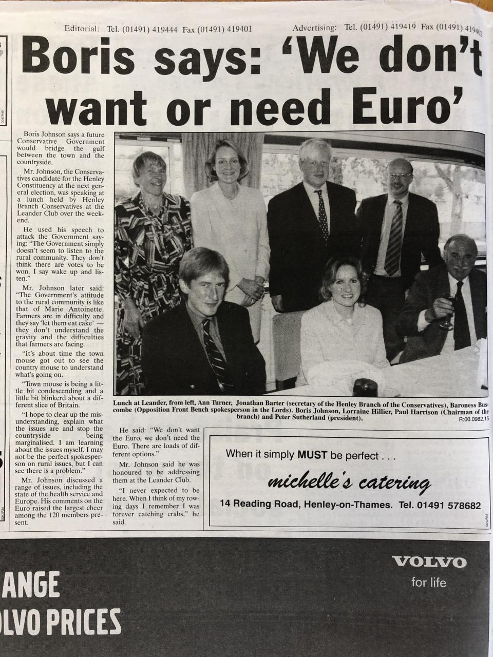 A report on Boris Johnson campaigning against the Euro in Henley in 2000 (Henley Standard/Henley Library)