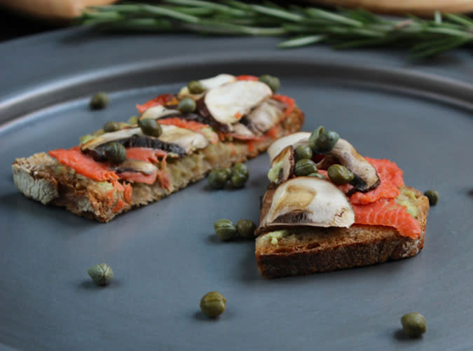 Salmon Mushroom Tartines with Basil Avocado Mayo