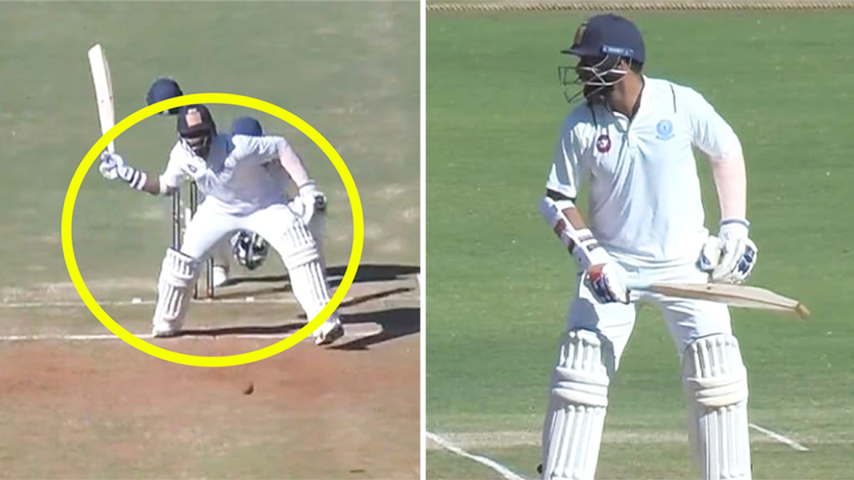 Hanuma Vihari (pictured left) hitting a one-handed reverse cricket shot for four.