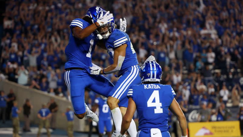 BYU wide receiver Keanu Hill (1) celebrates with Chase Roberts after Roberts scored a touchdown during game against Baylor at LaVell Edwards Stadium in Provo on Saturday, Sept. 10, 2022. Roberts is among a handful of BYU players who could see his role expand in 2023.