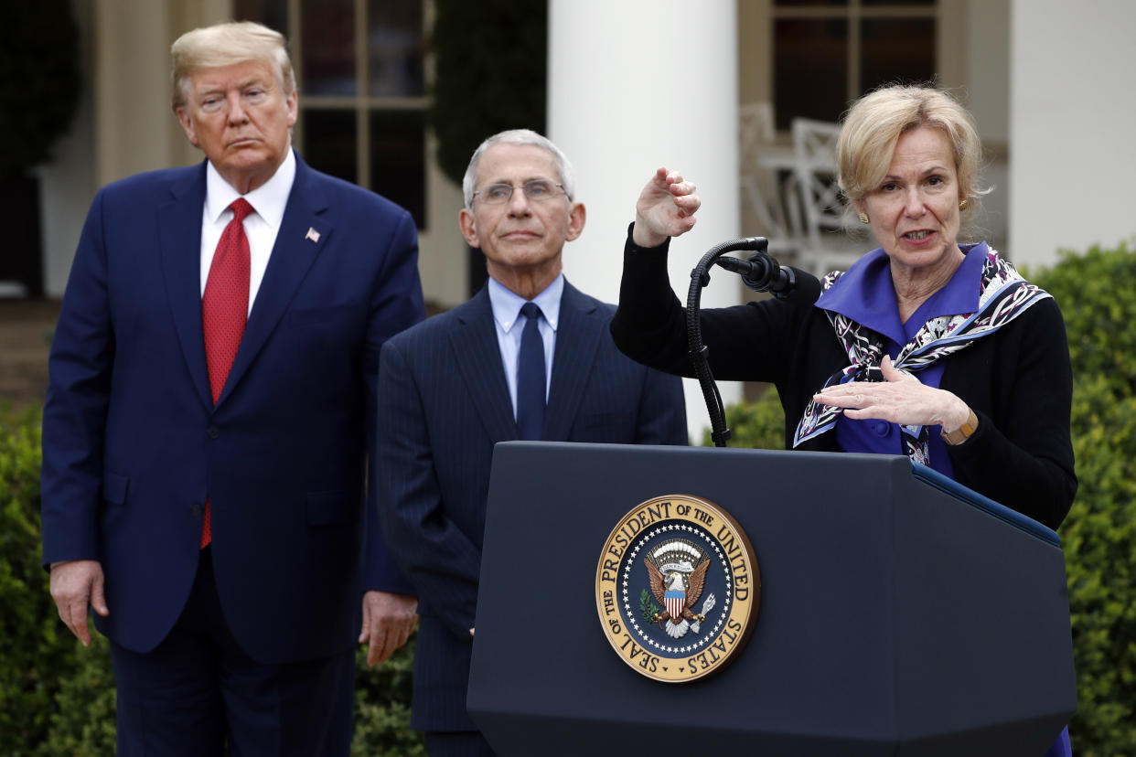 Dr. Deborah Birx, the White House coronavirus response coordinator, speaks during a coronavirus task force briefing Sunday at the White House along with President Donald Trump and Dr. Anthony Fauci. (Photo: Patrick Semansky/ASSOCIATED PRESS)