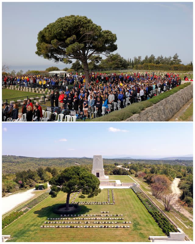 A combination picture shows the Lone Pine Australian memorial in the Gallipoli Peninsula