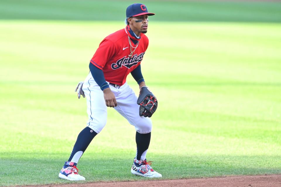 Cleveland Indians shortstop Francisco Lindor (12) stands on the field in the third inning against the Chicago Cubs on Aug. 12, 2020, at Progressive Field.