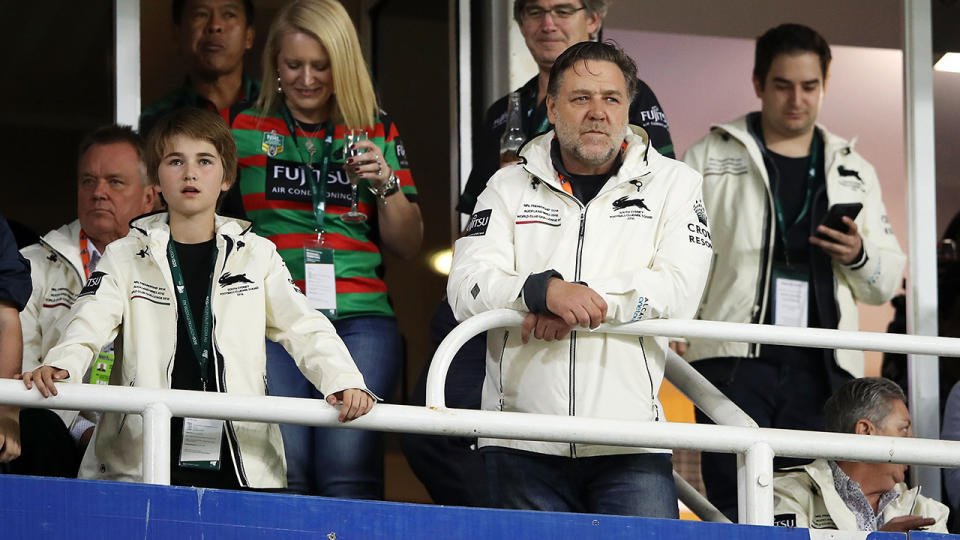 Russell Crowe watches a South Sydney Rabbitohs game.