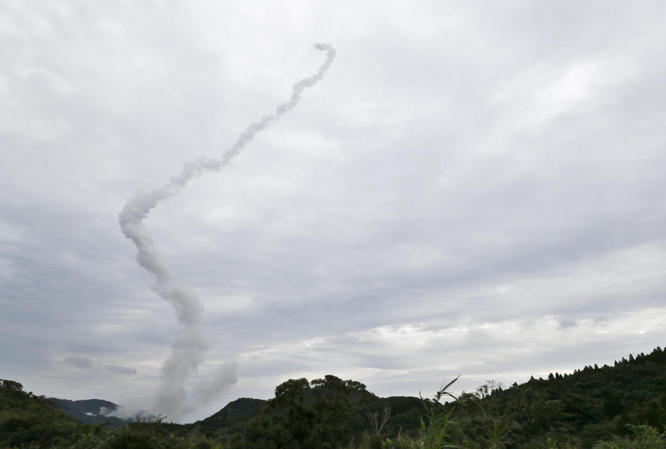 The Epsilon-6 rocket leaves a smoke trail after it was launched from the Uchinoura Space Center in Kimotsuki town, Kagoshima prefecture, southern Japan Wednesday, Oct. 12, 2022. The Japanese space agency said its rocket failed just after liftoff Wednesday and had to be aborted by a self-destruction command, in the country’s first failed rocket launch in nearly 20 years. (Kyodo News via AP)