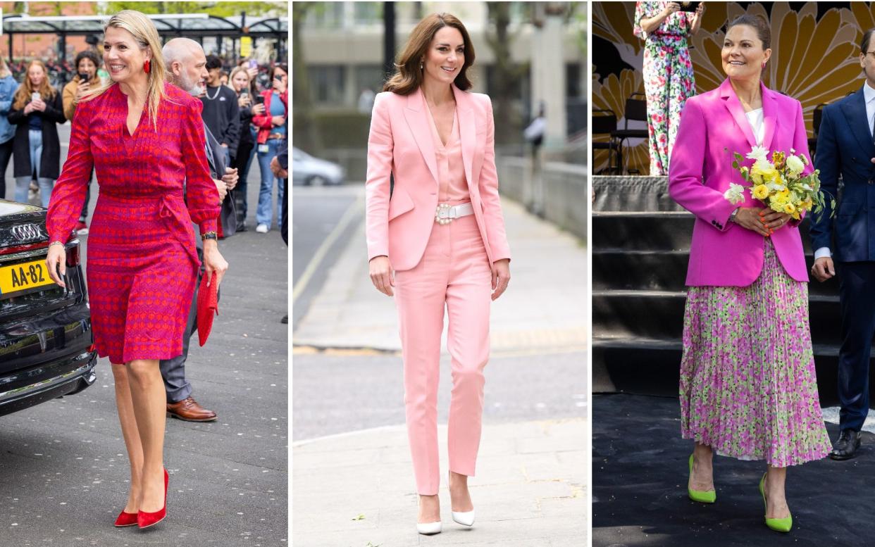 Royal family members from across Europe stepped out in pink this week: (from left) Queen Maxima of the Netherlands; the Princess of Wales; and Crown Princess Victoria of Sweden