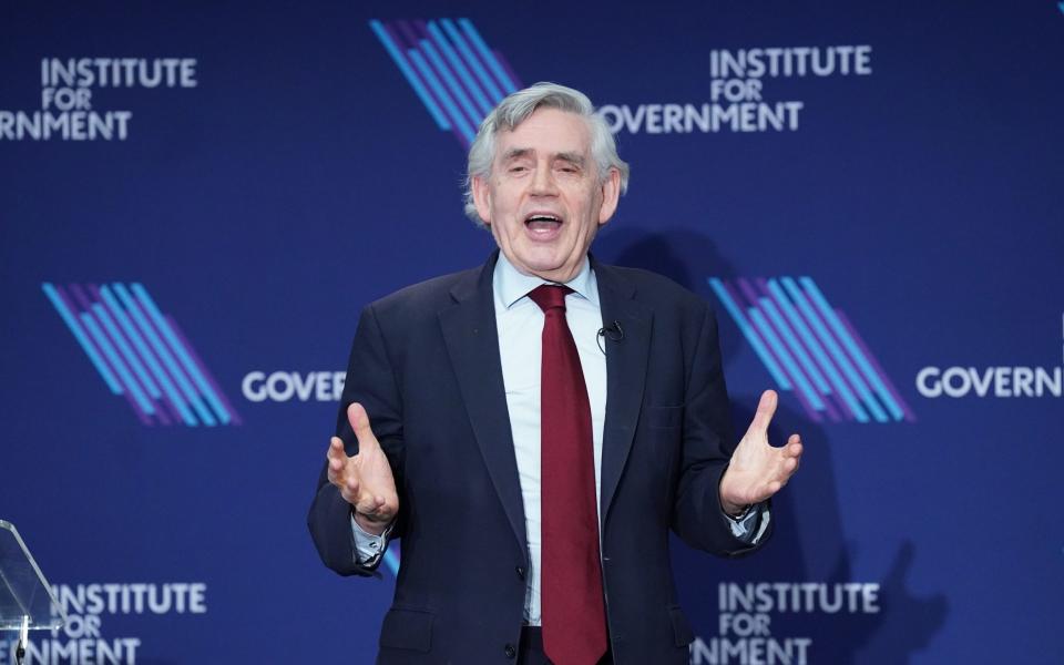 Former prime minister Gordon Brown speaking at the launch of a report by the Institute for Government