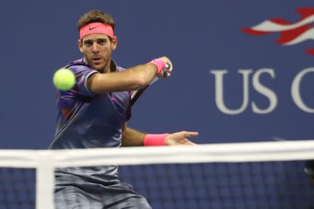 Sep 6, 2017; New York, NY, USA; Juan Martin del Potro of Argentina hits a forehand against Roger Federer of Switzerland (not pictured) on day ten of the U.S. Open tennis tournament at USTA Billie Jean King National Tennis Center. Mandatory Credit: Geoff Burke-USA TODAY Sports