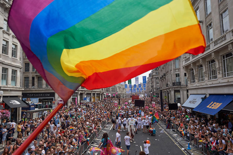 <p>Members of the Lesbian, Gay, Bisexual and Transgender (LGBT) community take part in the annual Pride Parade in London on July 8, 2017. (Photo: Niklas Halle’n/AFP/Getty Images) </p>