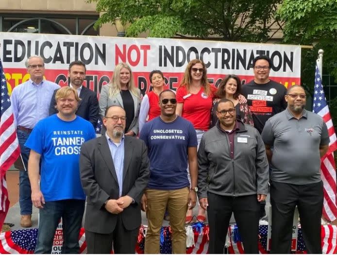 Speakers at a June 12 “Education, Not Indoctrination" rally in Leesburg gather on the stage at the closing of the rally outside the Loudoun County Government Center. The rally was in opposition to critical race theory teachings. (Mark Hand/Patch)