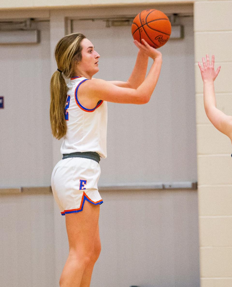 Edwardsburg's Macey Laubach, shown Jan. 21, scored 24 points to lead the Eddies to a district title Friday night.