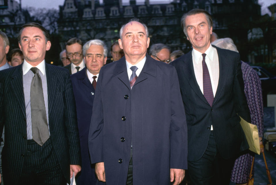 From left: David Steel, leader of the Liberal Party, Mikhail Gorbachev and David Owen.