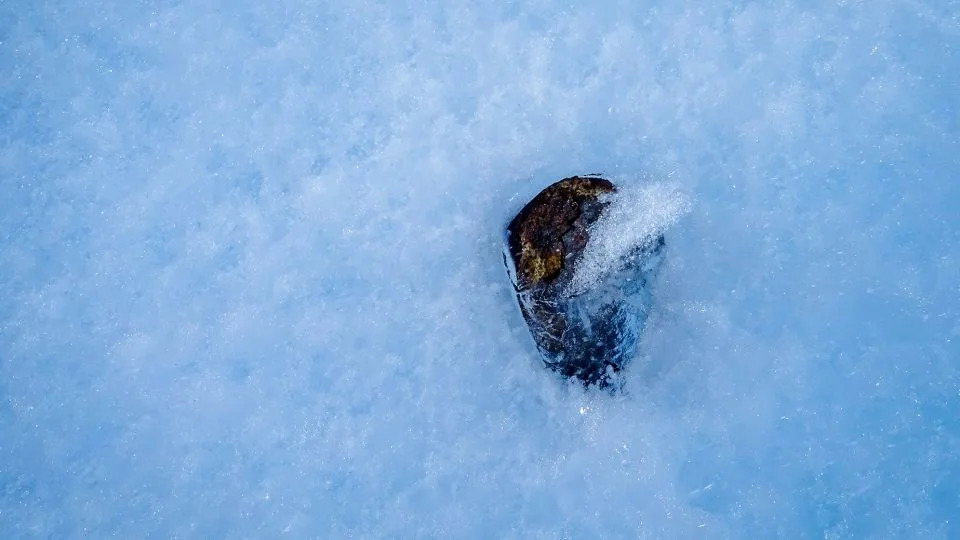 A meteorite lies partially in the ice in contrast with most samples collected while on the surface. - Katherine Joy/University of Manchester/The Lost Meteorites of Antarctica project