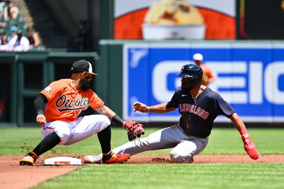 Cleveland Guardians' Amed Rosario, right, advances to second base on a wild pitch thrown by Baltimore Orioles starting pitcher Dean Kremer (not shown) during the first inning of a baseball game, Sunday, June 5, 2022, in Baltimore. (AP Photo/Terrance Williams)