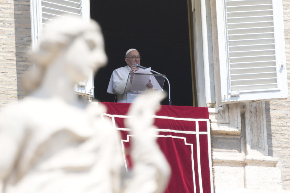 Pope Francis delivers his message during the Angelus noon prayer in St. Peter's Square, at the Vatican, Sunday, Aug. 7, 2022. (AP Photo/Gregorio Borgia)