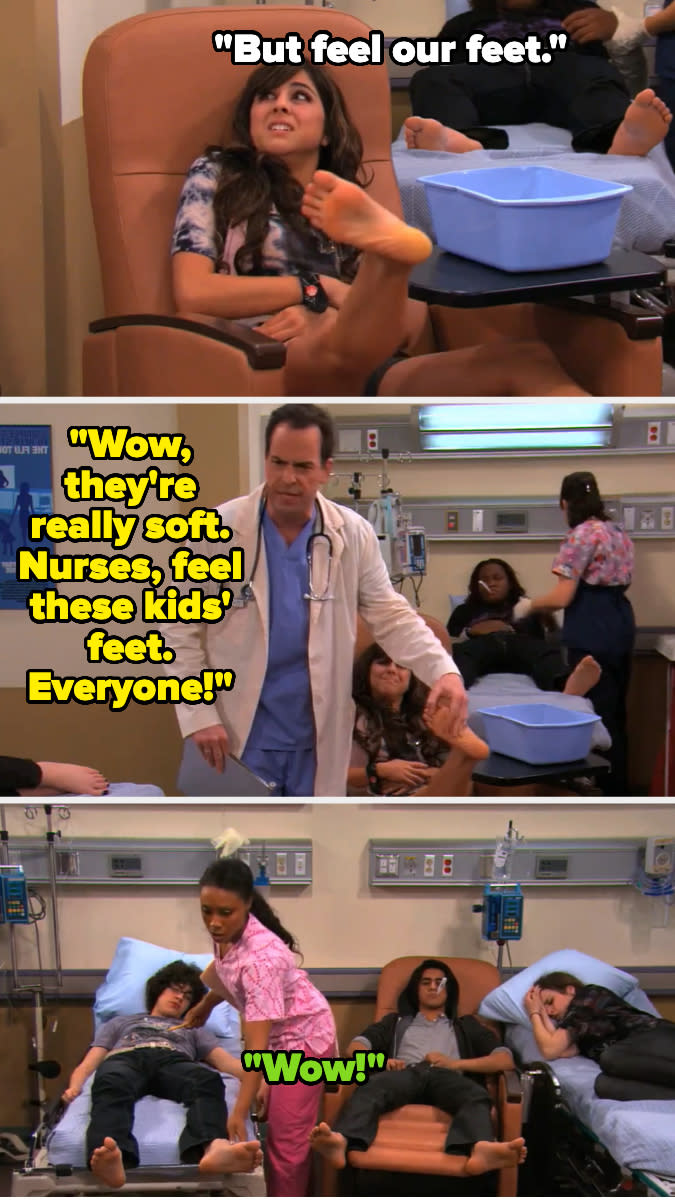 Scene from a TV show with characters in a medical setting, engaging humorously with children on hospital beds
