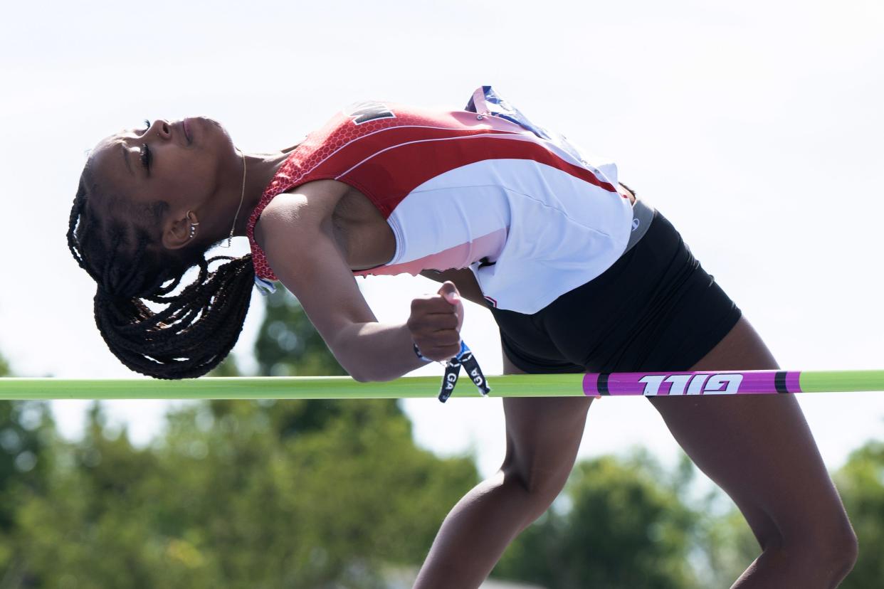 Manual’s E'Ternity Starks competes in the high jump during the Class 3A state track and field meet.