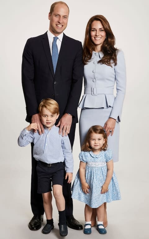 The Duke and Duchess of Cambridge, Prince George and Princess Charlotte in a picture that features on their Christmas card this year - Credit: Chris Jackson/Getty 