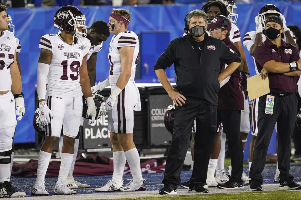 Mississippi State coach Mike Leach stands on the sideline during the second half of the team's NCAA college football game against Kentucky, Saturday, Oct. 10, 2020, in Lexington, Ky. (AP Photo/Bryan Woolston)