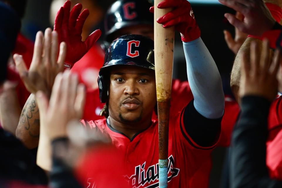 Sep 28, 2024; Cleveland, Ohio, USA; Cleveland Guardians third baseman Jose Ramirez (11) celebrates after hitting a sacrifice fly during the third inning against the Houston Astros at Progressive Field. Mandatory Credit: Ken Blaze-Imagn Images