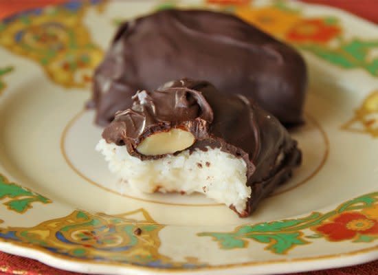 <strong>Get the <a href="http://www.greensnchocolate.com/2011/03/homemade-almond-joys.html" target="_hplink">Homemade Almond Joy recipe from Greens and Chocolate</a></strong>    Almond Joys are easy to make at home. The coconut centers are made with sweetened condensed milk and shredded coconut. Whole almonds make the characteristic bump on top of each bar.
