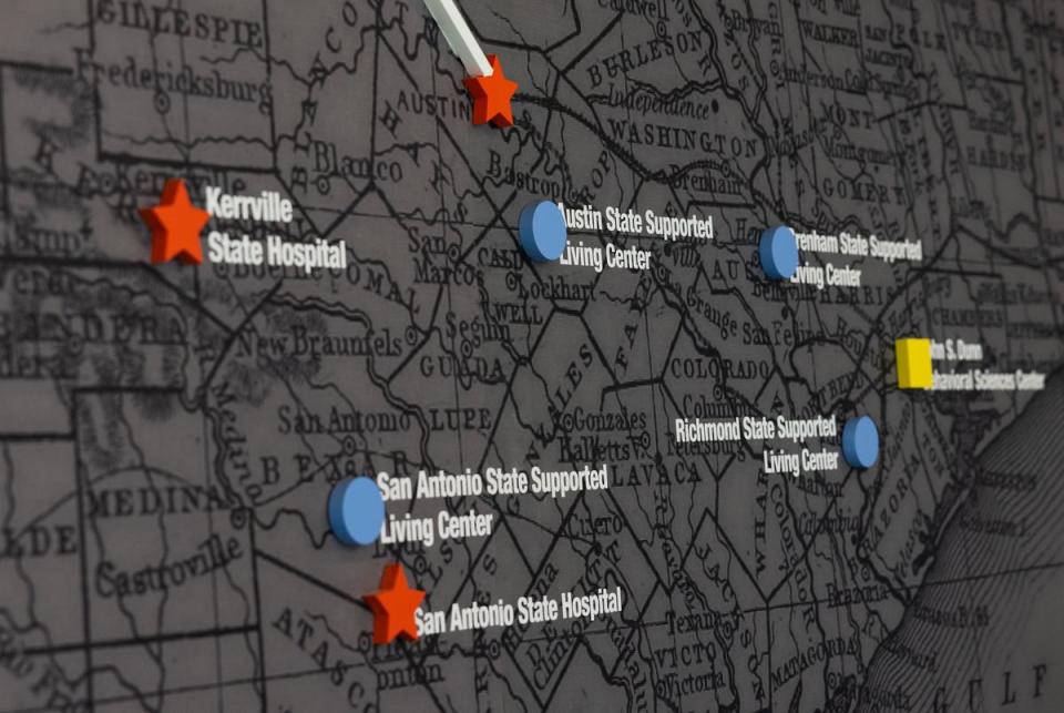 A map of Texas showing various psychiatric hospitals in Texas inside the Austin State Hospital on Wednesday, May 15, 2024 in Austin.