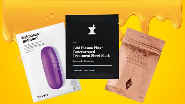 Dr. Jart+ Wrinkless Solution sheet mask, Perricone MD Cold Plasma Plus+ Concentrated treatment sheet mask, Charlotte Tilbury Instant Magic dry sheet mask.